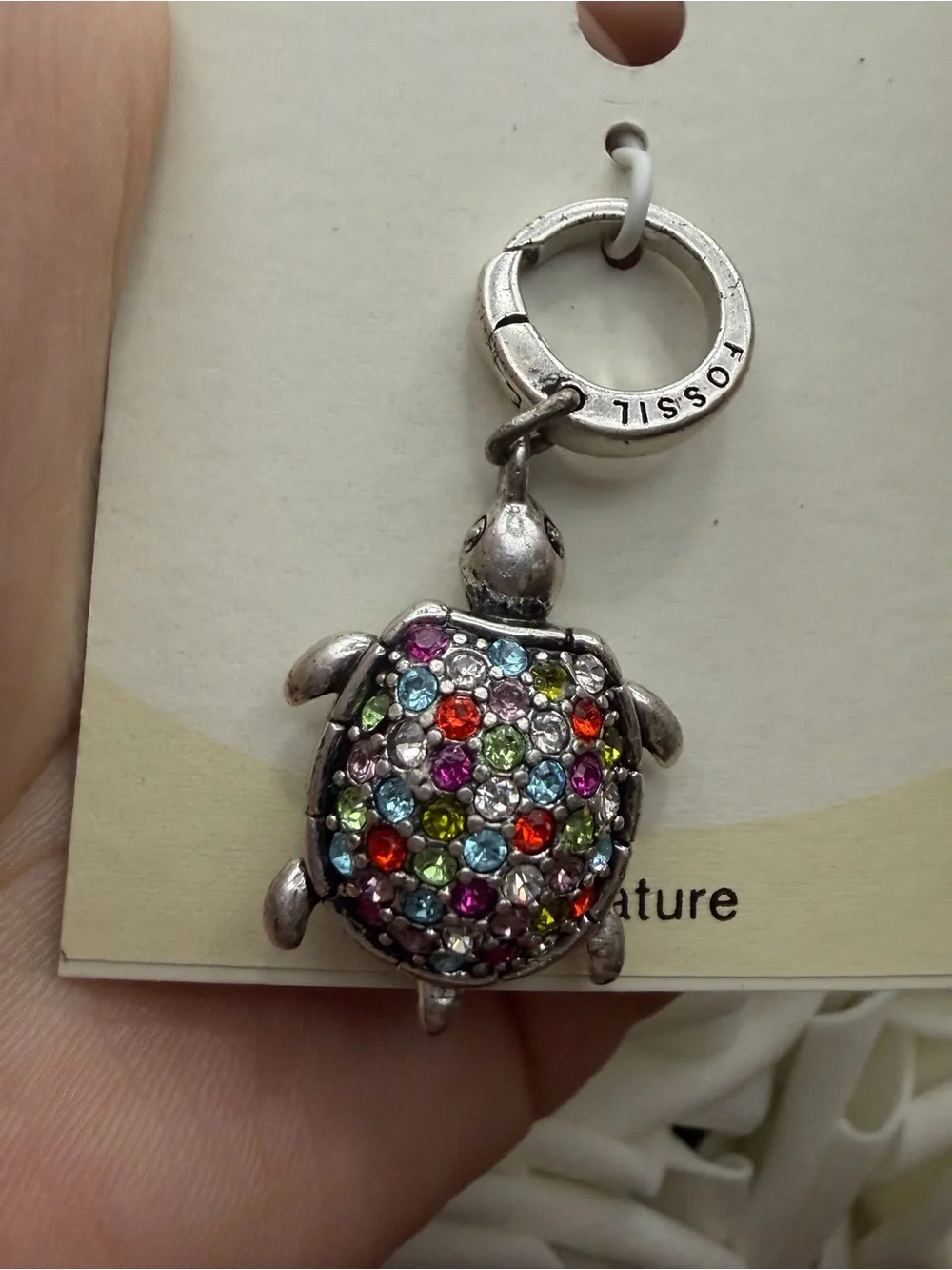 Fossil Silver Turtle Charm with Multicolor Crystals